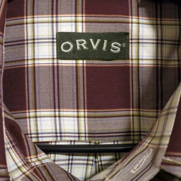 Orvis Shirt Mens Large Long Sleeve Button Maroon White Stripes - Picture 3 of 7